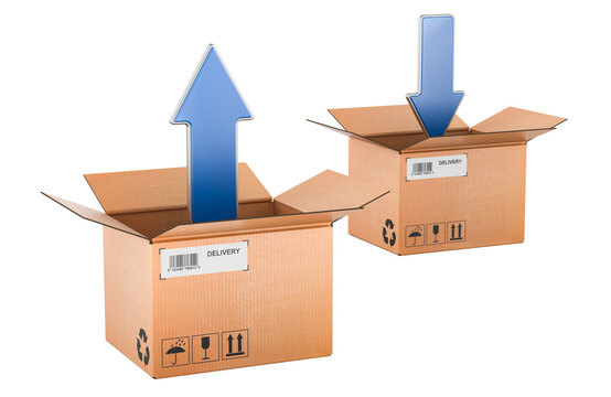 Delivery boxes with up and down arrows for shipping logistics. 3D rendering