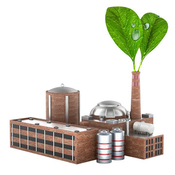 Green factory with leaves for sustainable industrial production. 3D rendering