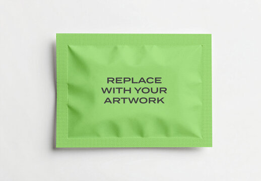 Sachet packaging mockup with textured border and central artwork area on white surface, template for branding presentation, product display, graphic design