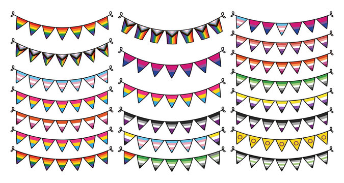Collection of various lgbtq pride flag buntings and colorful banners with celebration diversity handdrawn collection decoration illustration triangle equality community inclusion movement