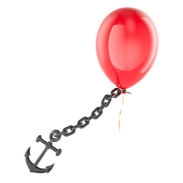 Red balloon chained to anchor as limitation, restriction, blocked growth and lack of freedom, concept. 3D rendering