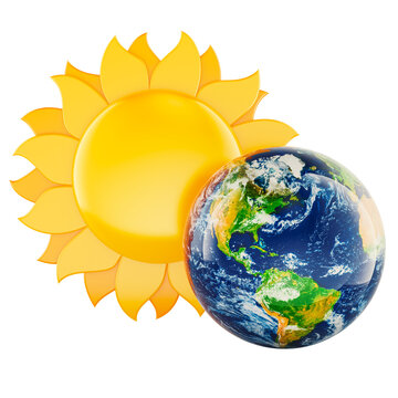 Planet Earth and Sun. Solar energy, sunlight, climate, global warming, concept. 3D rendering
