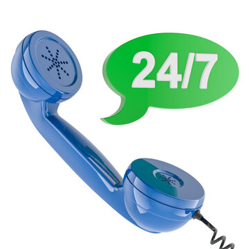 Telephone handset with 24-7 support speech bubble concept. 3D rendering