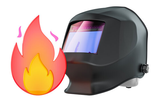 Welding helmet with flame icon. Welding safety, hot work protection, industrial fire hazard prevention, concept. 3D rendering