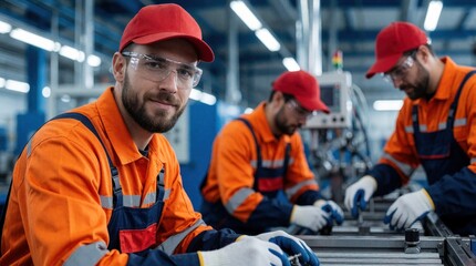 Fototapeta premium Factory workers in safety gear assemble parts on production line. Men in overalls and caps operate machinery in modern industrial plant. Teamwork and skilled labor in manufacturing.