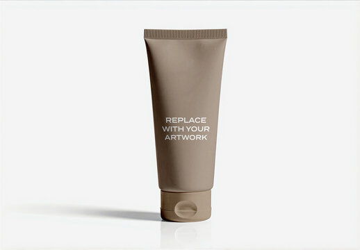 Plastic tube packaging mockup with placeholder text on a white reflective surface, vertical product presentation for cosmetic or skincare branding