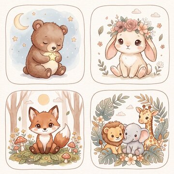 Cute Watercolor Baby Animals Clipart Collection Bear, Bunny, Fox, and Safari