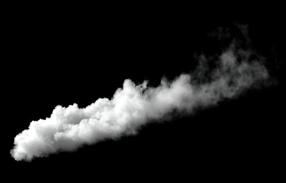 Abstract white smoke plume blast isolated on dark black background. Dense steam fog cloud jet trail overlay. Realistic thick mist smoke explosion stream
