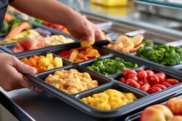 Obraz premium Cafeteria worker marking allergen-free meal tray with healthy food options