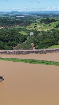 Euclides Da Cunha Hydroelectric In Sao Jose Do Rio Pardo Sao Paulo Brazil. Drone Capturing The Hydroelectric Producing Clean Energy. Outdoor River. Cascade Waterfall. Sao Jose do Rio Pardo Sao Paulo.