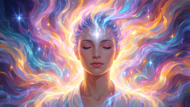 A serene woman with glowing aura and cosmic energy radiating from her third eye chakra.