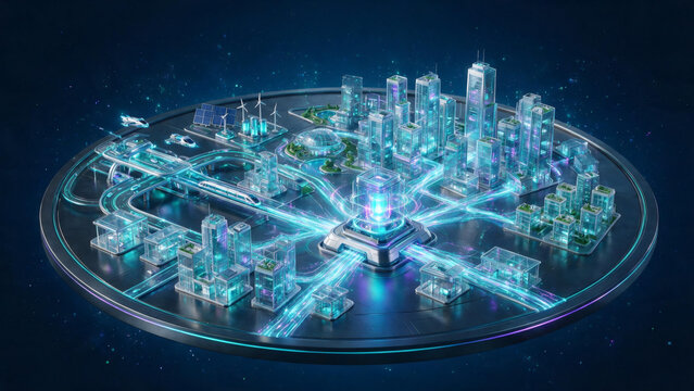 Futuristic smart city 3D isometric model with neon glowing energy grid skyscrapers renewable solar wind power infrastructure and transportation network