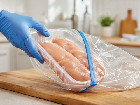 Blue gloved hand seals raw chicken breasts in a clear bag for removal, visualizing a poultry recall, contamination risk, safe handling, and kitchen hygiene.