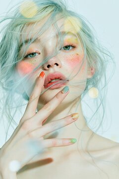 Close-up portrait of a blonde woman with loose hair flushed cheeks colorful makeup and multicolored manicured fingers near her lips against a pale blue backdrop Theme of playful beauty