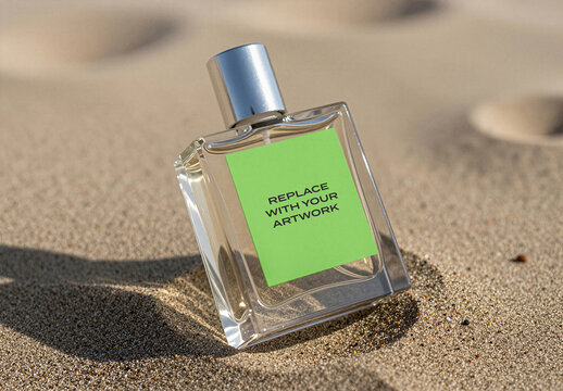 Glass perfume bottle mockup with label placeholder on sandy beach, vertical product presentation template for fragrance branding, realistic packaging display natural sunlight and shadow