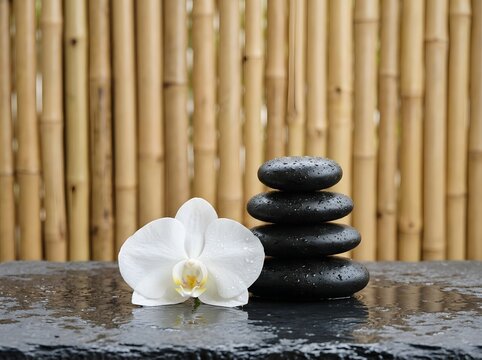 Spa Zen Still Life with White Orchid Balanced Black Stones Bamboo