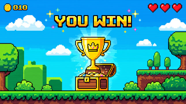 A pixel art "You Win!" screen displaying a golden trophy atop a treasure chest filled with gems and coins.