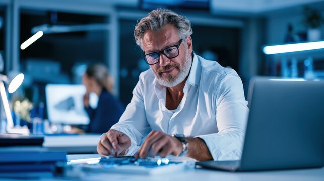 Experienced Engineer Working on Electronic Circuit Board in Modern Lab