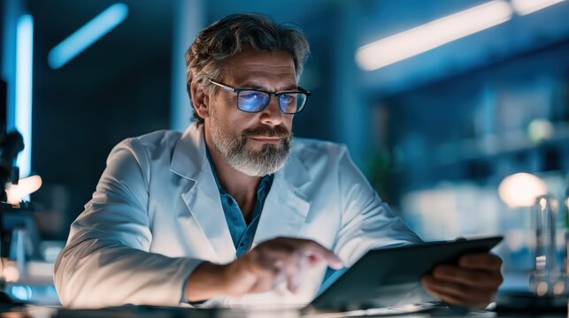 Male Scientist Using Digital Tablet in Modern High-tech Research Lab