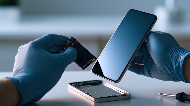 Repairing a Modern Smartphone with Blue Gloved Hands in a Workshop