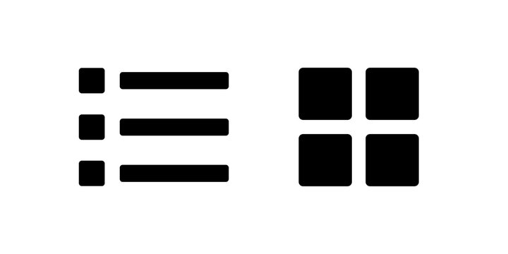 list view and grid menu icon set with layout switch symbols. Solid black display mode icons for file browser and content view