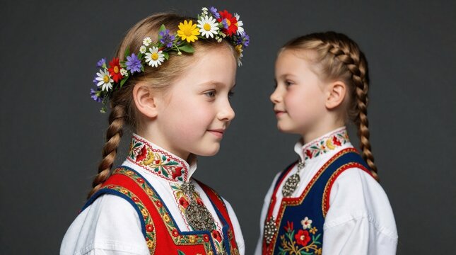 Little girl wears traditional Norwegian bunad folk costume with flower crown. Two young sisters in ethnic dress look at. Brunette kids celebrate Scandinavian culture, heritage wearing colorful