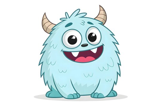 Happy cartoon furry monster with horns smiling