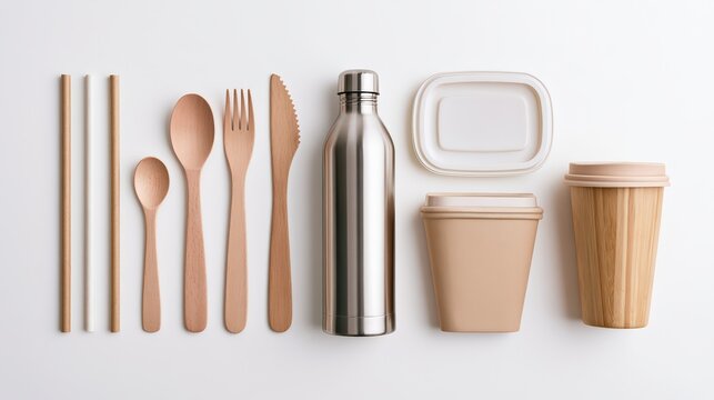Eco-friendly Reusable Cutlery, Water Bottle, and Container on White