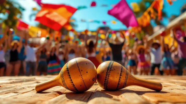Colorful fiesta: vibrant maracas on tablefront with festive background. Cinco de Mayo, Battle of Puebla Day, Mexican Heritage Festival - Latin American Cultural Celebration
