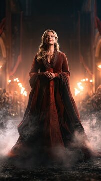 Smiling Woman in Regal Red Gown in a Dramatic Castle Setting