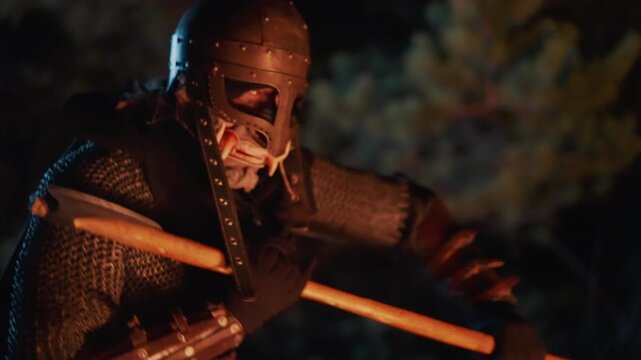 Riveted steel helmet with faceplate and chainmail coif catches warm campfire glow in dark forest while warrior turns slightly and grips wooden pole, creating tense, atmospheric movement and dramatic