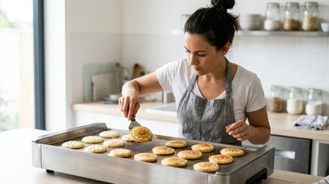 Woman flips pancakes on electric griddle in modern kitchen with natural light and ample copy space