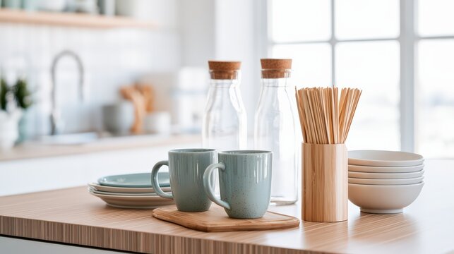 Modern Kitchen Countertop with Stylish Mugs and Dinnerware Setup