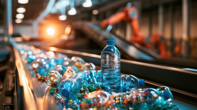 Plastic Bottles Moving on Conveyor Belt in Modern Factory