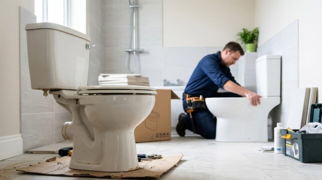 Plumber installing a new toilet in a bright modern bathroom, renovation project concept