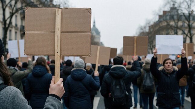 People march with blank cardboard signs on city street during protest. Crowd holds signs high, showing collective dissent and demand for change. Activists gather for public demonstration.