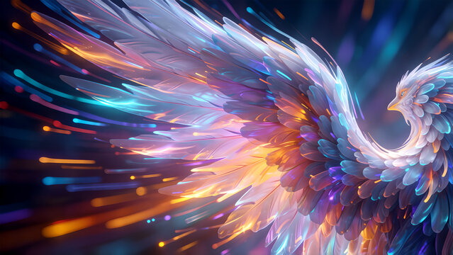 Abstract digital illustration of a glowing phoenix bird with vibrant neon light trails.