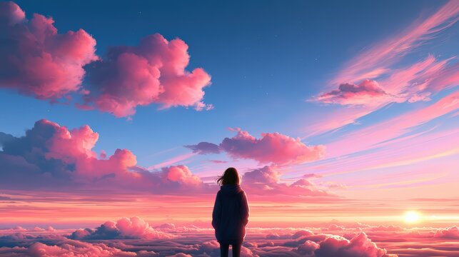 Woman Contemplating a Vibrant Sunset Above the Clouds in Serene Sky