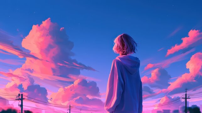 Youthful Person Admiring Vibrant Pink and Purple Sunset Sky with