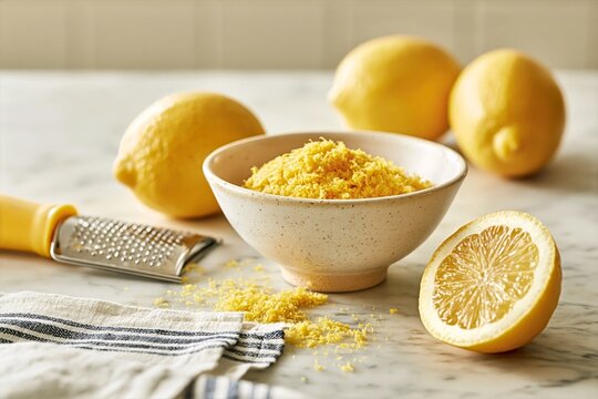 Fresh lemon zest in ceramic bowl with whole lemons and zester on kitchen counter