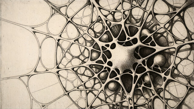Abstract organic structure with interconnected nodes and flowing web-like lines.