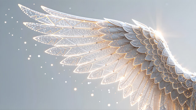 Abstract digital illustration of a glowing ethereal angel wing with sparkling light particles.