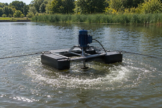 Water aerator installed in a pond, circulating and oxygenating the water during hot summer weather to help maintain healthy conditions for fish and aquatic life.