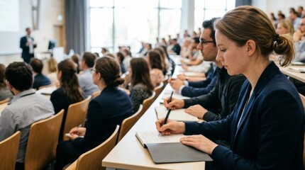 Obraz premium Students taking notes in notebooks during a modern lecture in a bright conference auditorium, focusing on learning and professional development.