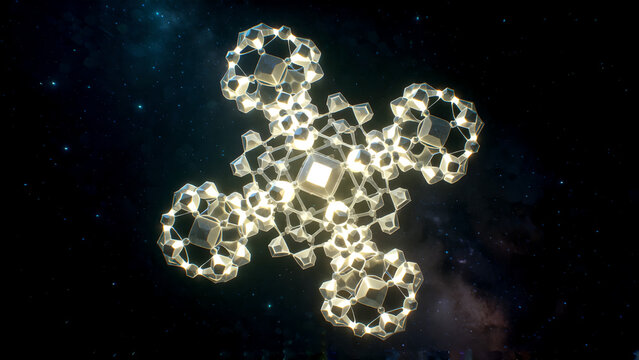 Abstract glowing geometric structure floating in deep dark space.