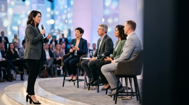 Business panel discussion with moderator engaging seated industry experts on a modern stage with a bokeh background