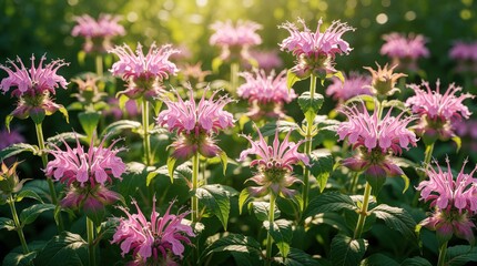 Fototapeta premium Pink monarda flowers bloom in a sunny garden. Delicate petals unfurl in soft light, creating a natural backdrop for pollinators. Green leaves surround the blossoms.