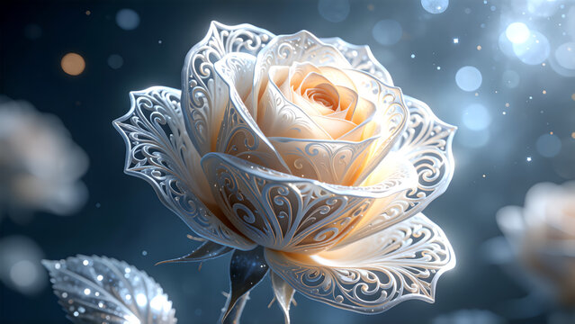 A beautiful white rose with intricate lace-like petal patterns against a glowing bokeh background.