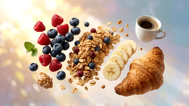 A delicious breakfast arrangement with fresh berries granola banana slices a croissant and hot coffee.