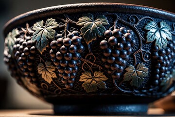 Naklejka premium Handmade ceramic bowl with raised grape design, green leaves. Dark pottery piece features textured fruit pattern for decor. Traditional artisanal craft shows grapevines, harvest theme. Rustic